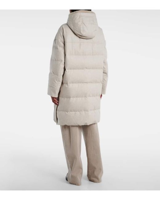 Brunello Cucinelli Gray Leather-Trimmed Wool Down Coat