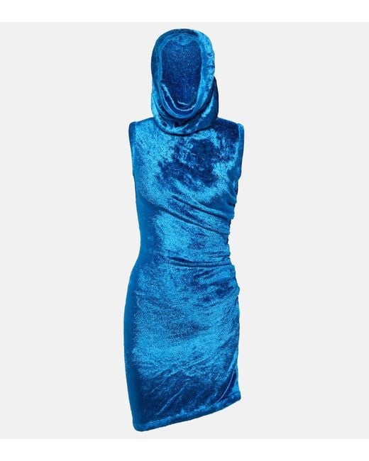 Alaïa Blue Hooded Velvet Minidress