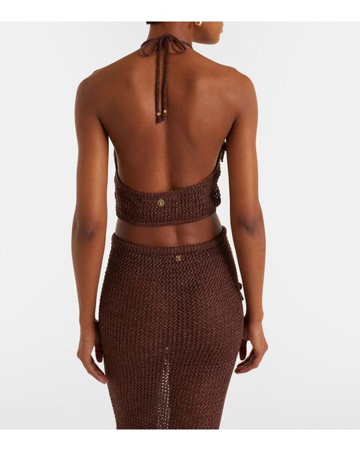 Bananhot Brown Cori Open-Knit Halterneck Lame Crop Top