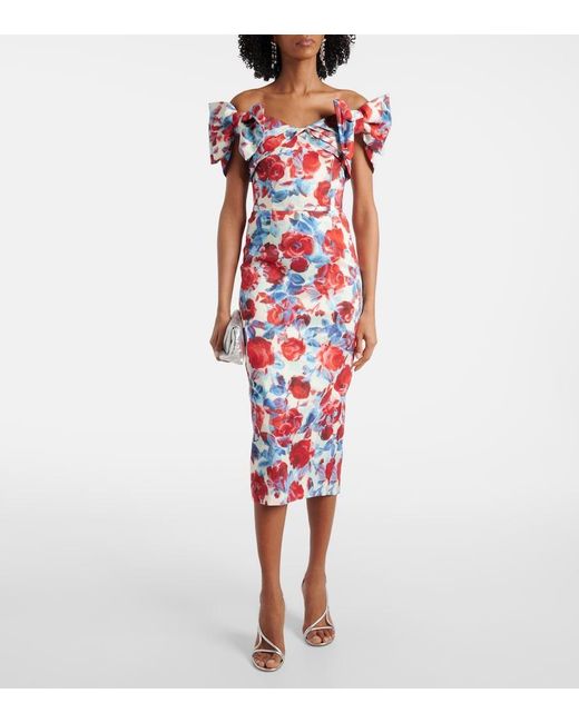 Rebecca Vallance Red Fleurette Floral Taffeta Midi Dress