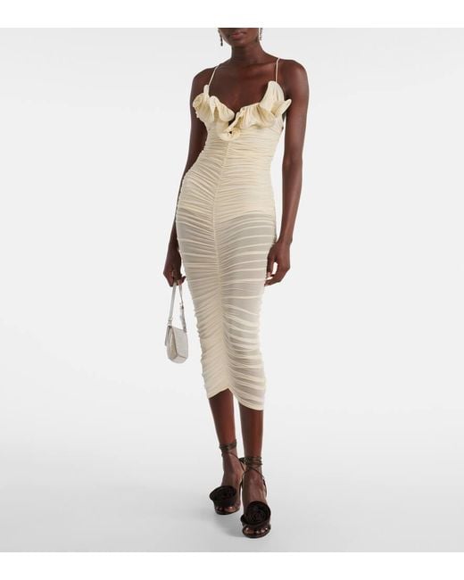 Magda Butrym Natural Semi-Sheer Ruched Jersey Midi Dress