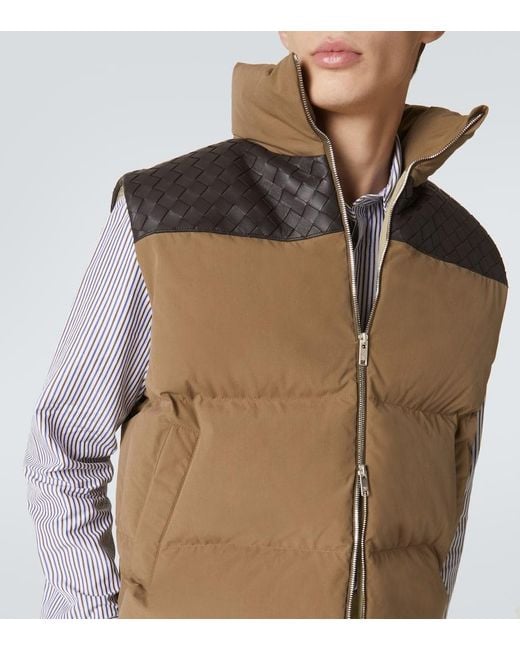 Bottega Veneta Brown Intrecciato Leather-Panelled Quilted Cotton Down Gilet for men