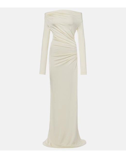 Victoria Beckham White Draped Off-Shoulder Jersey Gown