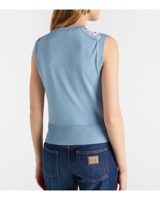 Dolce & Gabbana Blue Floral Silk Sweater Vest