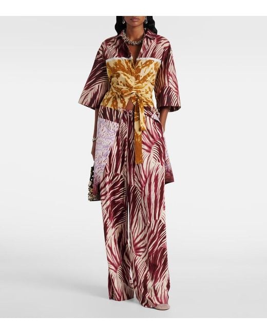 Dries Van Noten Red Printed Crepe Wide-Leg Pants