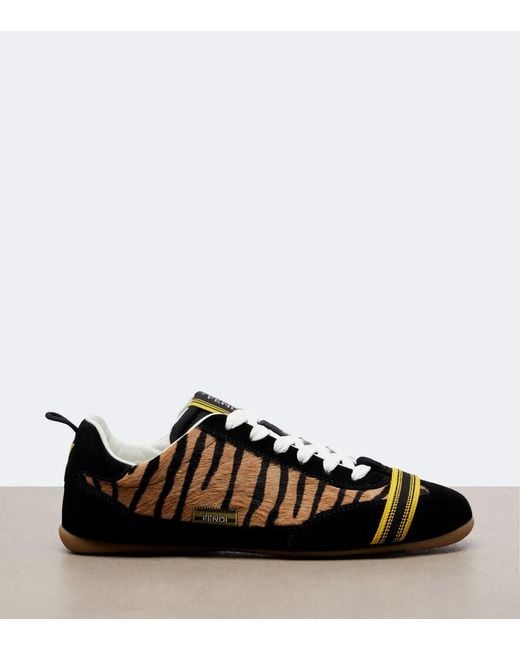 Fendi Black Wrap Suede-Trimmed Calf Hair Sneakers