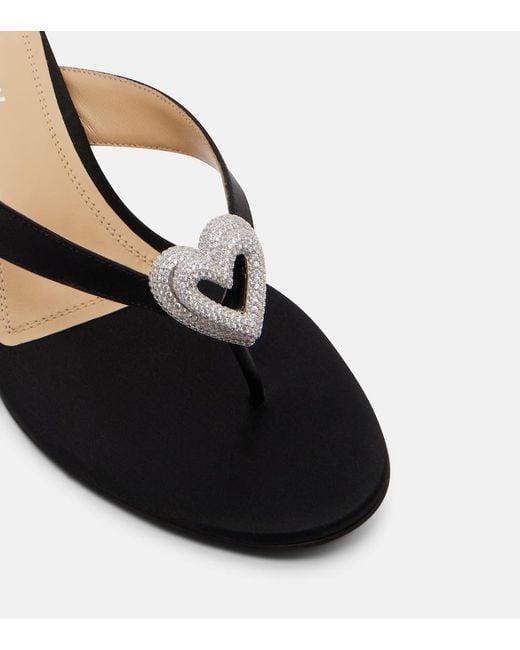 Mach & Mach Black Double Heart Satin Wedge Thong Sandals