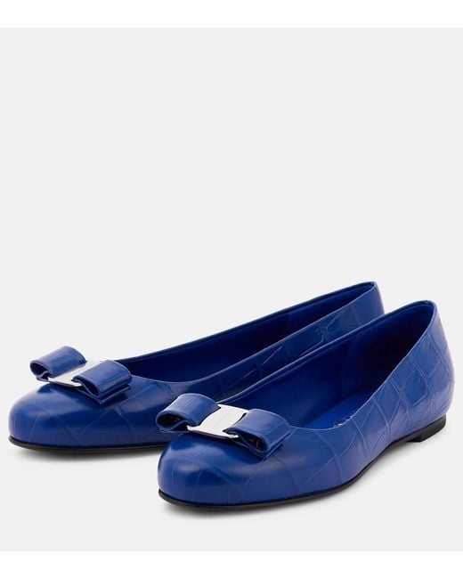 Ferragamo Blue Varina Croc Ballet Flats