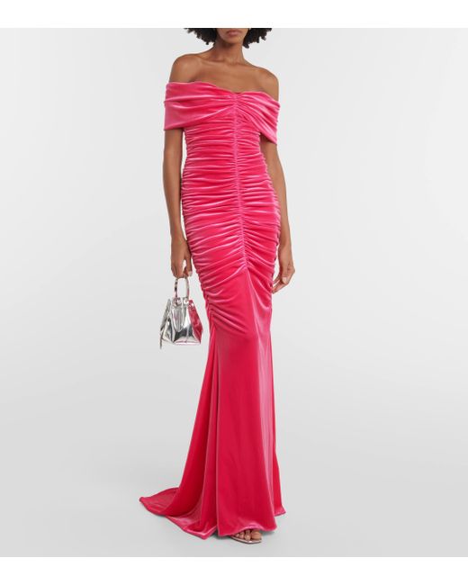 Monique Lhuillier Pink Ruched Off-shoulder Velvet Gown