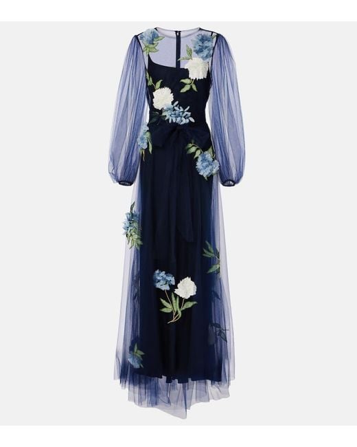 Monique Lhuillier Blue Embroidered Puff-Sleeve Tulle Gown