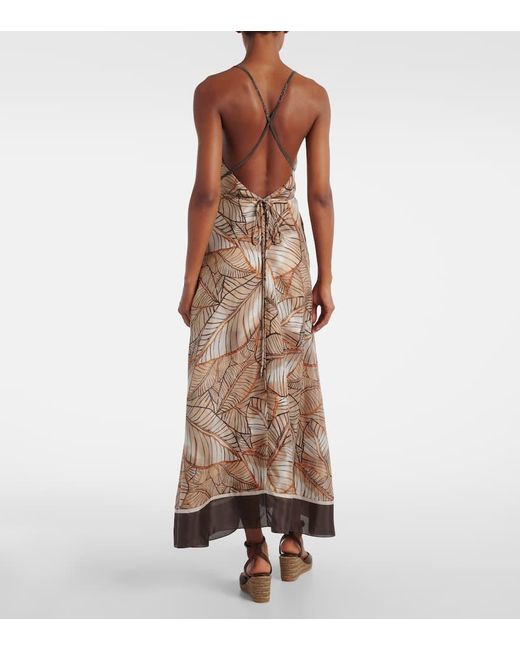 Brunello Cucinelli Natural Printed Silk Maxi Dress