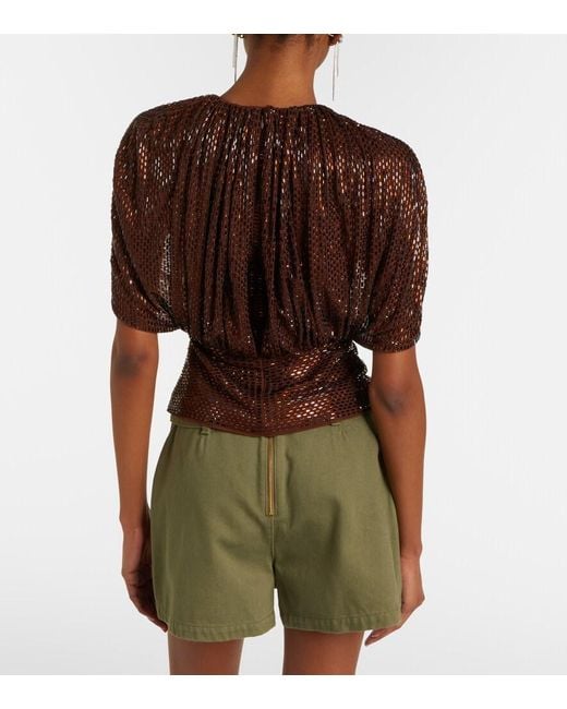 Self-Portrait Brown Embellished Mesh Top