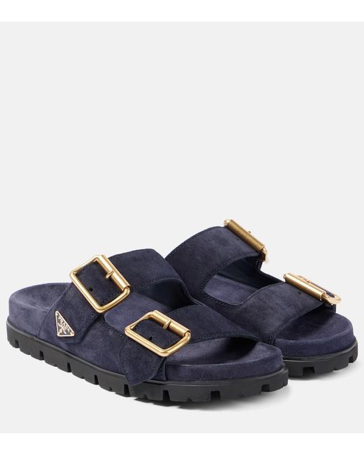 Prada Blue Suede Buckle Slides