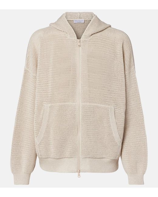 Brunello Cucinelli White Open-Knit Cotton-Blend Lame Zip-Up Hoodie