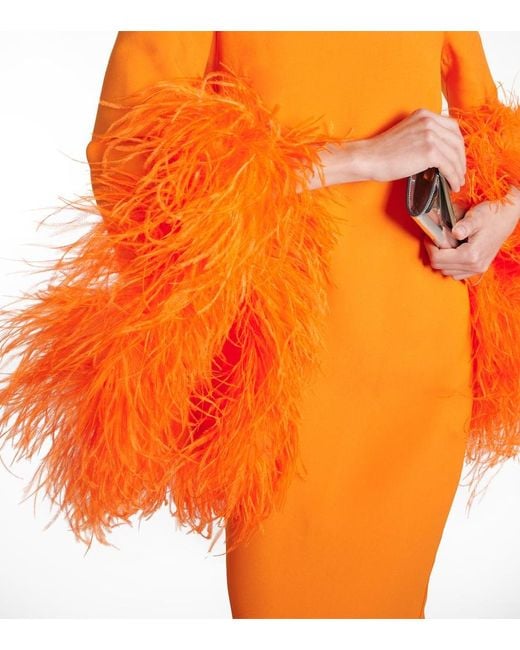 ‎Taller Marmo Orange Del Lago Feather-Trimmed Crepe Cady Midi Dress