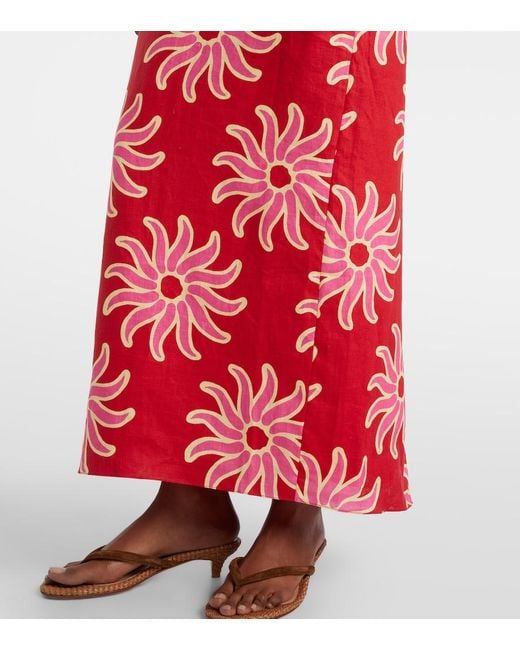 Cala De La Cruz Red Dasha Printed Halterneck Linen Maxi Dress