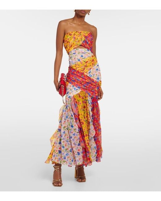 Robe Midi Bustier En Georgette À Imprimé Fleuri, Découpe Et Fronces Carolina Herrera en coloris Red