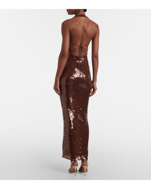 The New Arrivals Ilkyaz Ozel Brown Coralie Sequined Halterneck Gown