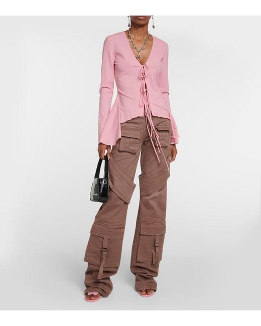Blumarine Pink Ruffled Tie-Front Wool-Blend Blouse
