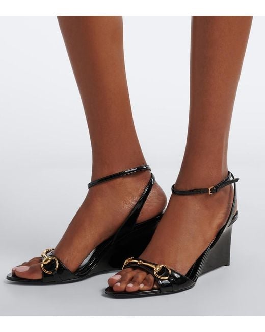 Gucci Black Donna Patent Leather Wedge Sandals