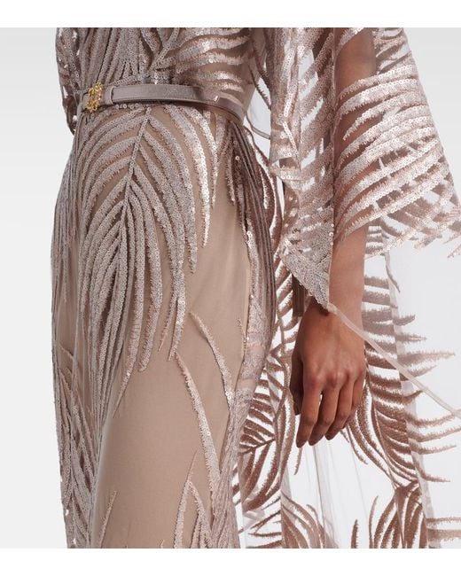 Elie Saab Natural Embroidered Sheer Tulle Gown