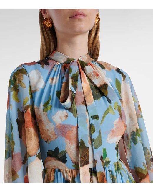 Erdem Blue Caped Floral Silk Voile Gown