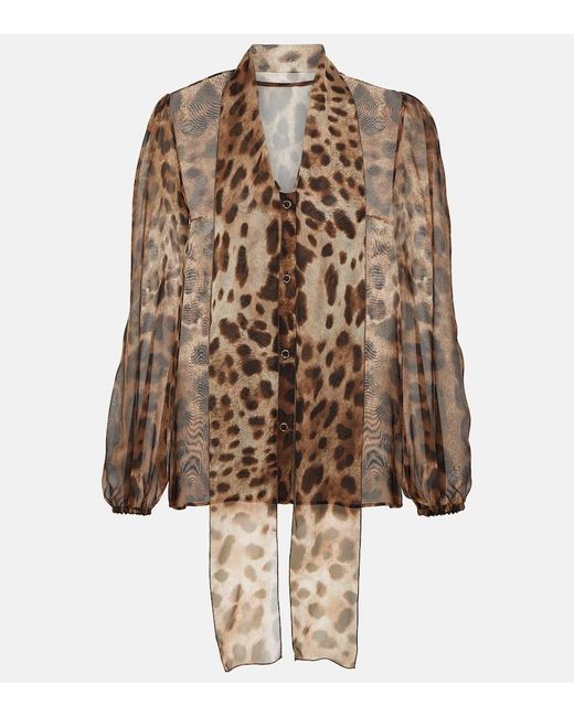 Blusa in chiffon di seta con stampa di Dolce & Gabbana in Brown