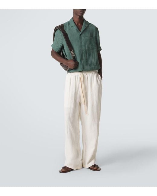 LeKasha Green Botad Linen Bowling Shirt for men