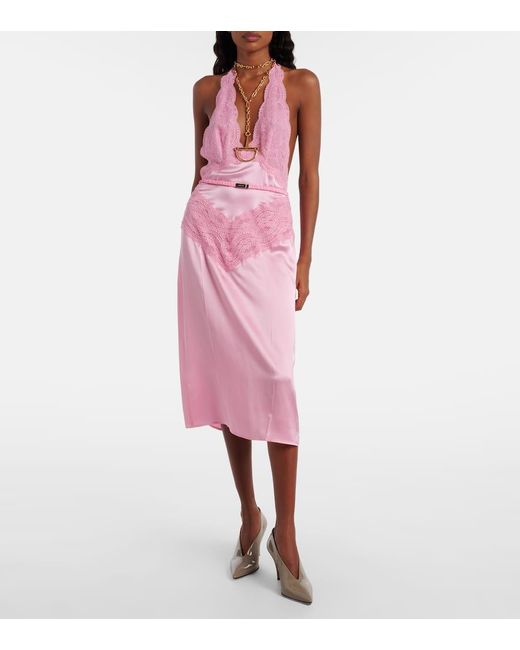 Gucci Pink Lace-Trimmed Silk Satin Midi Dress