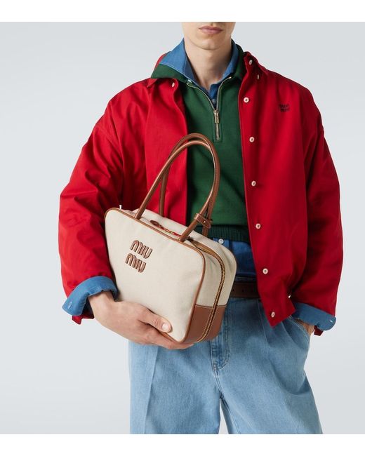 Miu Miu Natural Logo Leather-Trimmed Canvas Tote Bag for men