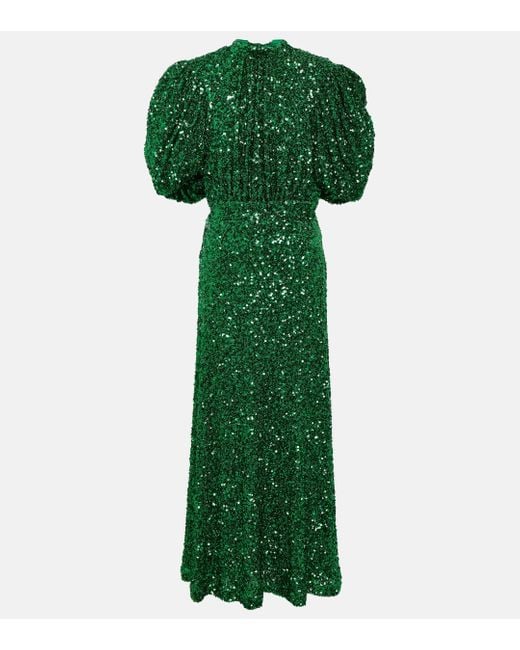 ROTATE BIRGER CHRISTENSEN Green Embellished Puff-sleeve Maxi Dress