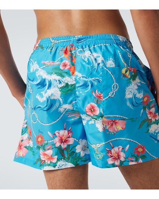 Gucci Blue Printed Poplin Swim Trunks for men