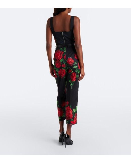 Dolce & Gabbana Red Floral Cropped Cotton Straight Pants