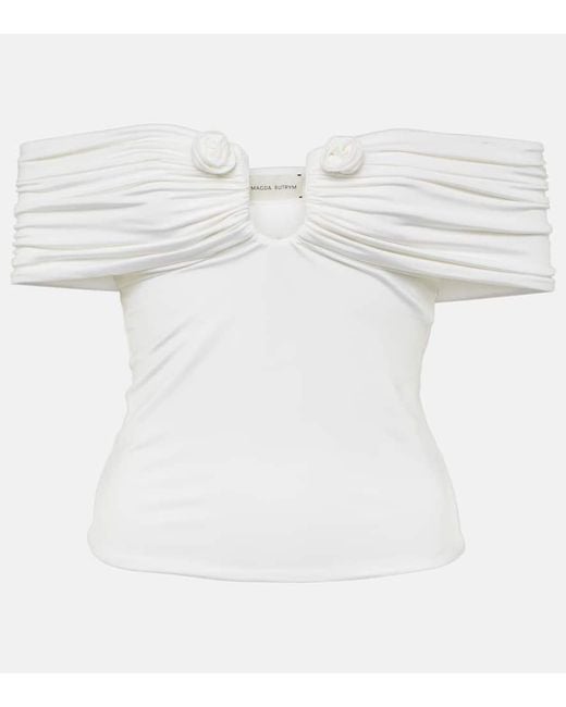 Magda Butrym White Floral-applique Off-shoulder Jersey Top