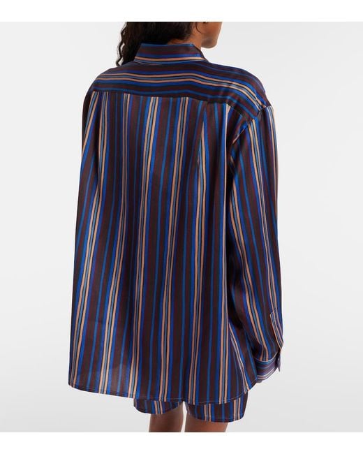 Asceno Blue Maya Striped Silk Charmeuse Pajama Shirt
