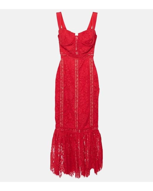 Self-Portrait Red Floral Cotton-Blend Lace Midi Dress