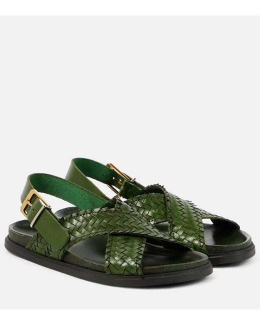 The Row Green Buckle Woven Leather Slingback Sandals
