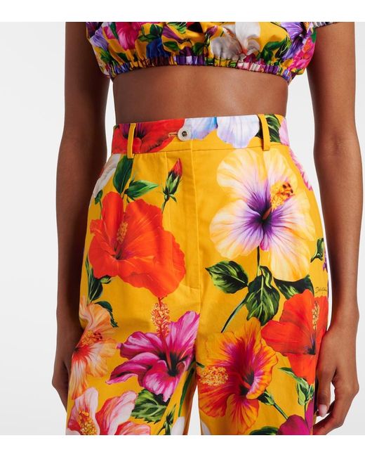 Dolce & Gabbana Orange Floral Cotton Wide-Leg Pants