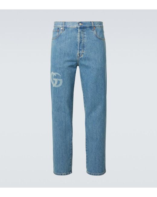 Gucci Denim Pants With Laser-Cut Double G in Blue for Men | Lyst