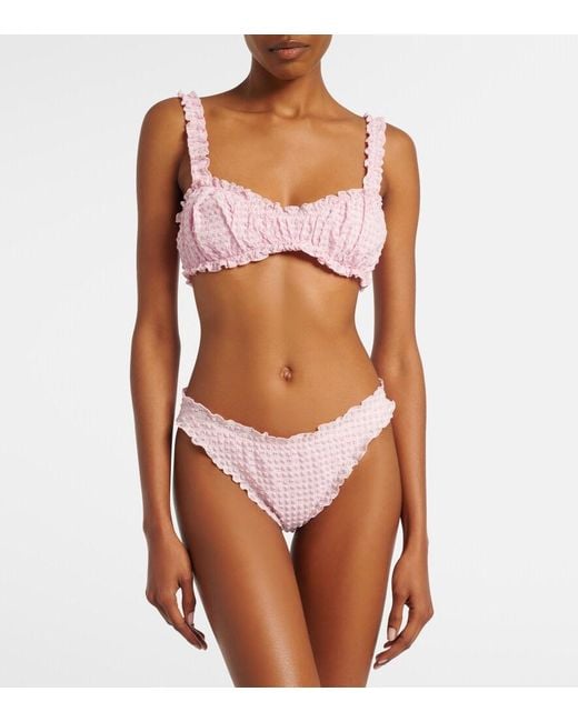Jonathan Simkhai Pink Ruffled Checked Bikini Top
