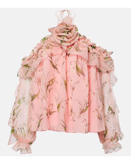 Carolina Herrera Pink Floral Halterneck Silk Blouse
