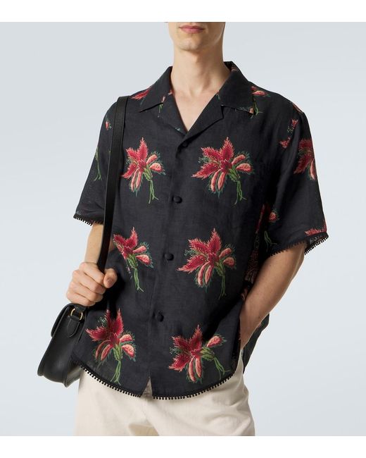 Valentino Black Floral Lace-Trimmed Linen Bowling Shirt for men