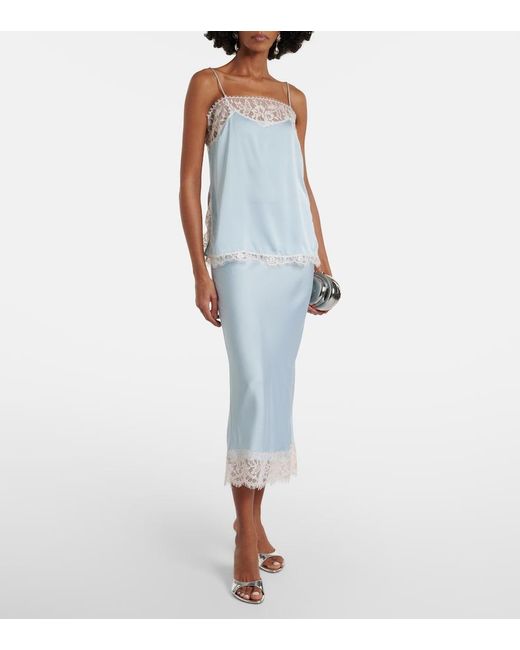 Faithfull The Brand Blue Cydney Lace-Trimmed Satin Midi Skirt