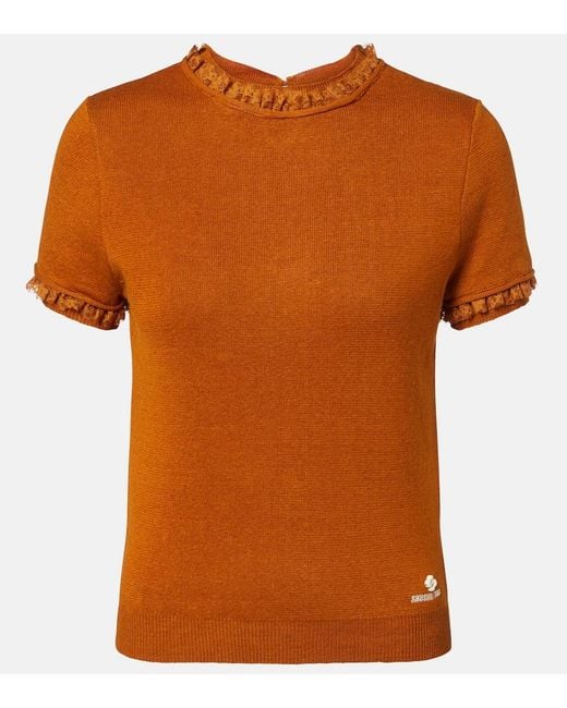 ShuShu/Tong Orange Lace-Trimmed Linen Top