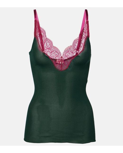 Saint Laurent Green Top Aus Seiden-Jersey Mit Spitze