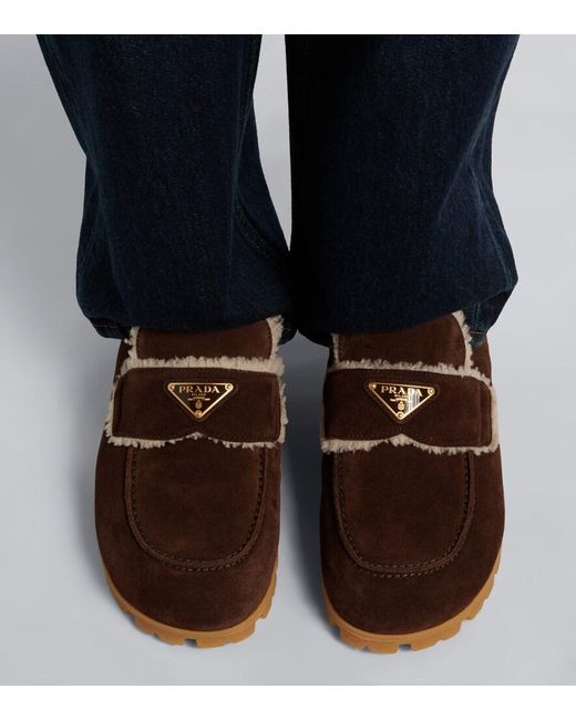 Prada Brown Shearling-Lined Suede Mules