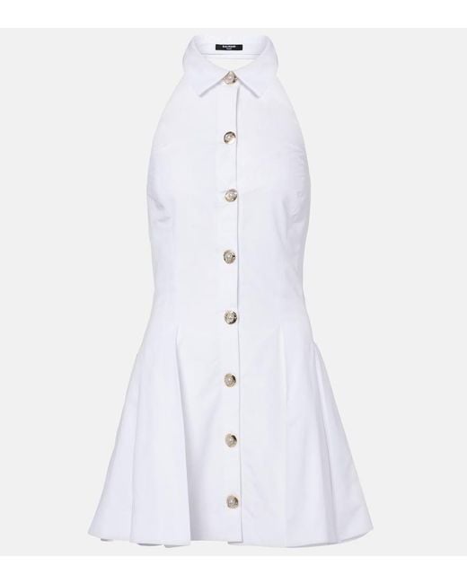 Balmain White Flared Cotton-Poplin Halter-Neck Mini Shirt Dress