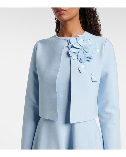 Oscar de la Renta Blue Cropped Floral-Applique Sequined Jacket