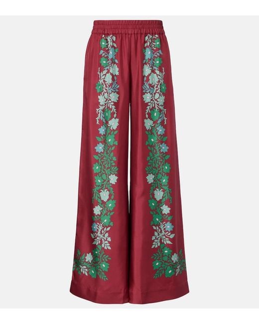 LaDoubleJ Red Floral Silk Twill Palazzo Pants