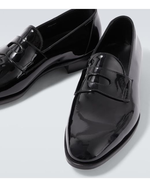 John Lobb Black Jamie Patent Leather Penny Loafers for men